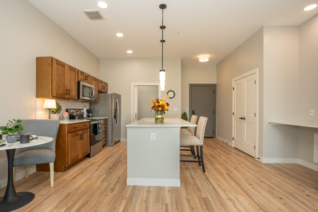 The kitchen looking from the living room.