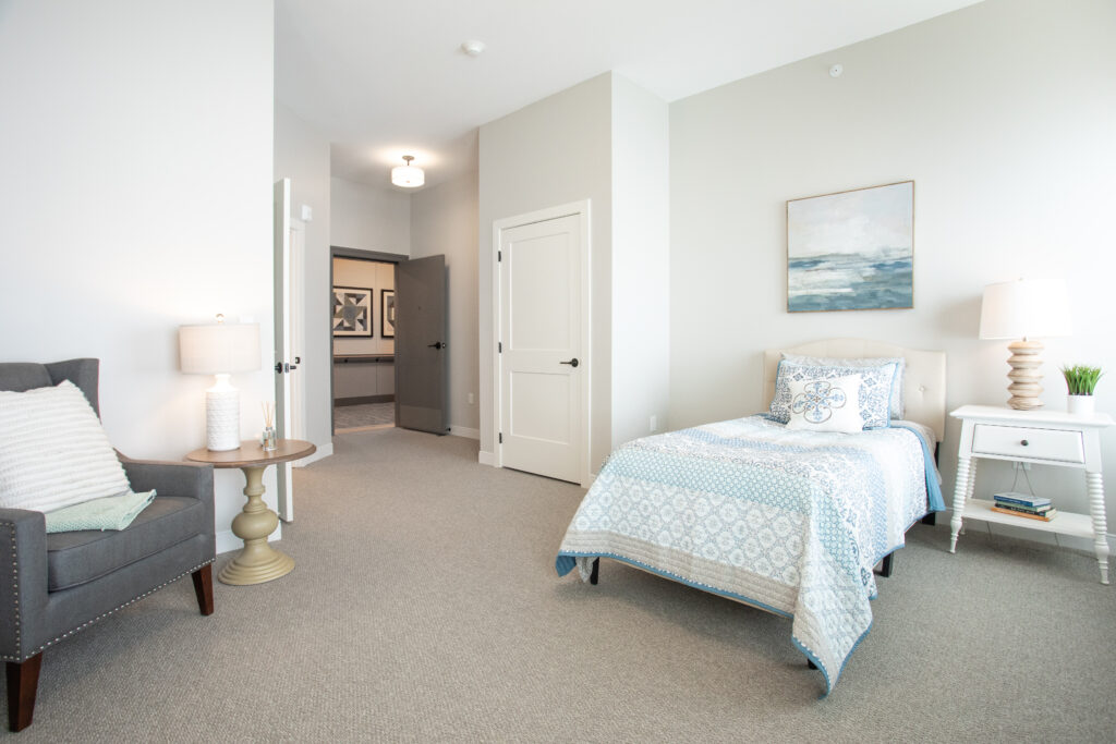 Memory care private apartment looking towards door.
